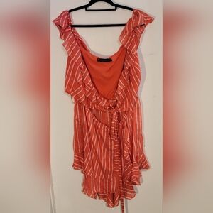 Fashion to Figure Coral & White Striped Ruffle Wrap Romper